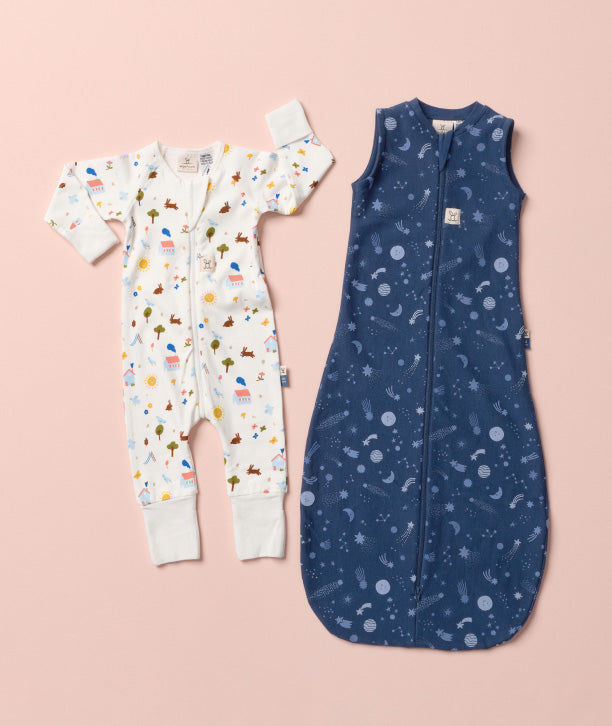 Organic baby sleepwear from ergoPouch, made from natural, non-irritating fabric gentle on baby's skin.