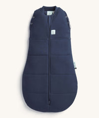 Product shot of the ergoPouch Cocoon Swaddle Sack 2.5 TOG Ink, featuring a front zipper and a bell-shaped bottom.