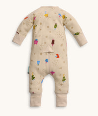 Product shot of ergoPouch Long Sleeve Romper 0.2 TOG in Birthday Blobs back view