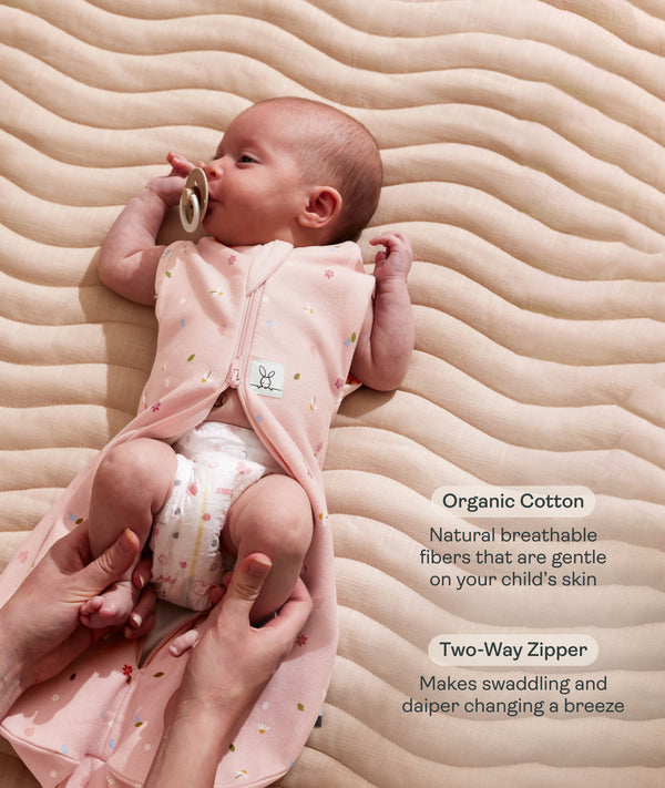 Baby lying on a textured blanket with a two-way zipper swaddle opened at the bottom for a diaper change, accompanied by product feature text.