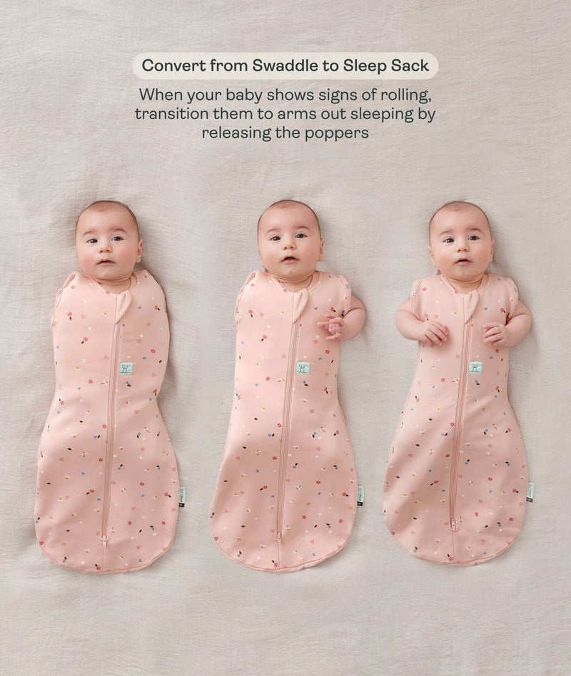 Three side-by-side images showing a baby demonstrating how to transition a pink floral swaddle into an arms-out sleep sack.