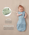 Baby lying on a beige surface in a blue dragonfly-pattern swaddle sack with arms out, featuring callout text highlighting armhole poppers and a bell-shaped design.