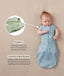 Baby lying on a beige surface in a blue dragonfly-pattern swaddle sack with arms out, featuring callout text highlighting armhole poppers and a bell-shaped design.