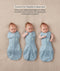 Three side-by-side images showing a baby demonstrating how to transition a Cocoon Swaddle Sack into an arms-out Sleep Sack.