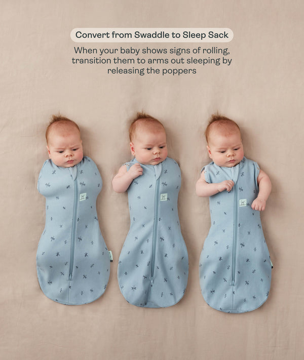 Three side-by-side images showing a baby demonstrating how to transition a Cocoon Swaddle Sack into an arms-out Sleep Sack.