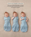 Three side-by-side images showing a baby demonstrating how to transition a Cocoon Swaddle Sack into an arms-out Sleep Sack.