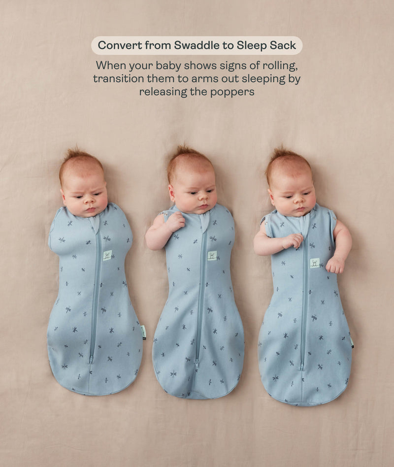 Three side-by-side images showing a baby demonstrating how to transition a Cocoon Swaddle Sack into an arms-out Sleep Sack.