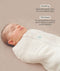 Close-up view of a sleeping baby being swaddled in an ergoPouch Cocoon Swaddle Sack Oatmeal Marle with text highlighting swaddling benefit and TOG rating feature.