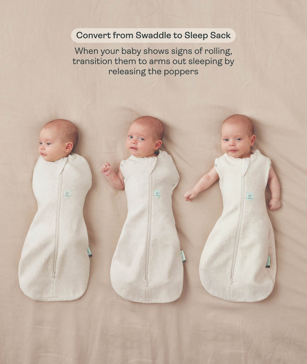 Three side-by-side images showing a baby demonstrating how to transition an ergoPouch Cocoon swaddle Sack into an arms-out Sleep Sack.