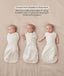 Three side-by-side images showing a baby demonstrating how to transition an ergoPouch Cocoon swaddle Sack into an arms-out Sleep Sack.
