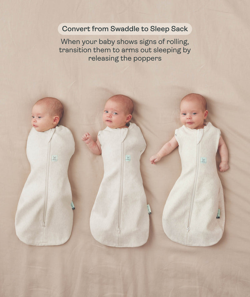 Three side-by-side images showing a baby demonstrating how to transition an ergoPouch Cocoon swaddle Sack into an arms-out Sleep Sack.