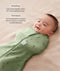 Baby being swaddled in a green Cocoon Swaddle Sack lying on a beige surface with text highlighting swaddling benefit and TOG rating feature.