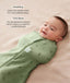Baby being swaddled in a green Cocoon Swaddle Sack lying on a beige surface with text highlighting swaddling benefit and TOG rating feature.