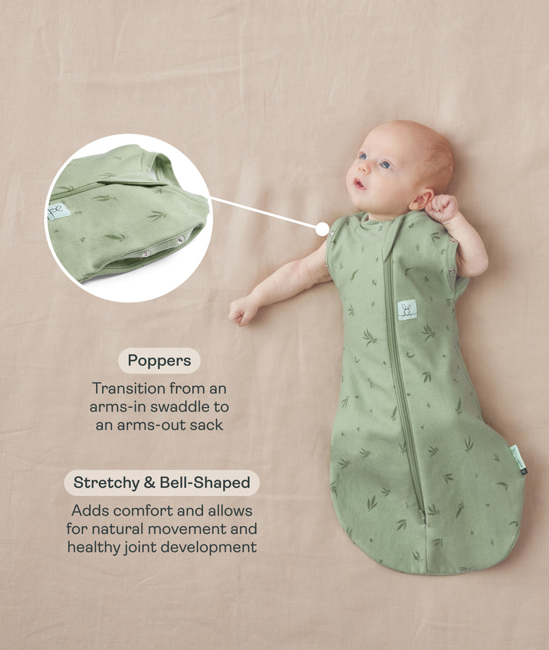 Baby lying on a beige surface in a green patterned swaddle sack with arms out, featuring callout text highlighting armhole poppers and a bell-shaped design.