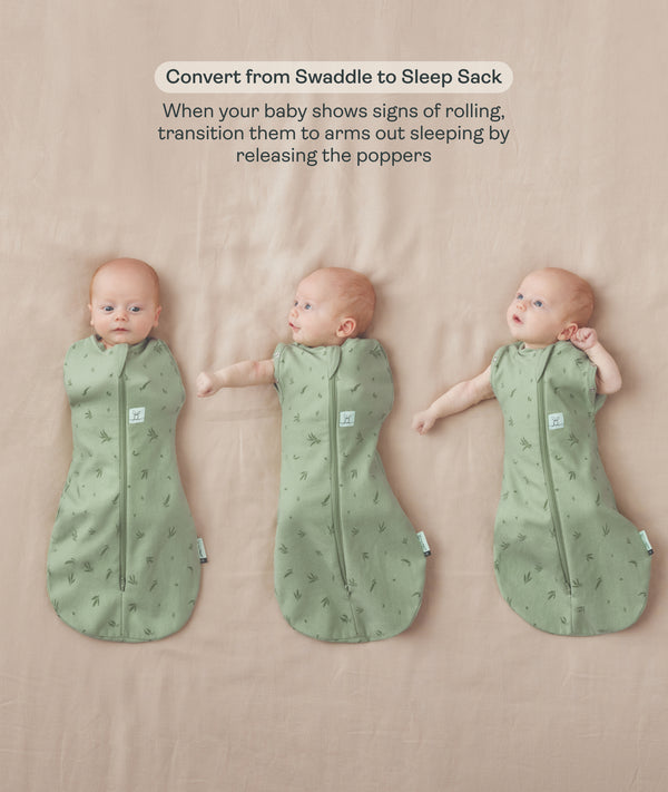 Three side-by-side images showing a baby demonstrating how to transition a Cocoon Swaddle Sack into an arms-out Sleep Sack.