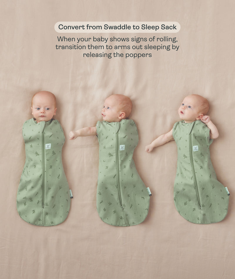 Three side-by-side images showing a baby demonstrating how to transition a Cocoon Swaddle Sack into an arms-out Sleep Sack.