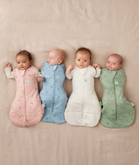 Four babies in ergoPouch Cocoon Swaddle Sack 2.5 TOG in their heritage colours Dasies, Dragonflies, Oatmeal Marle and Willow