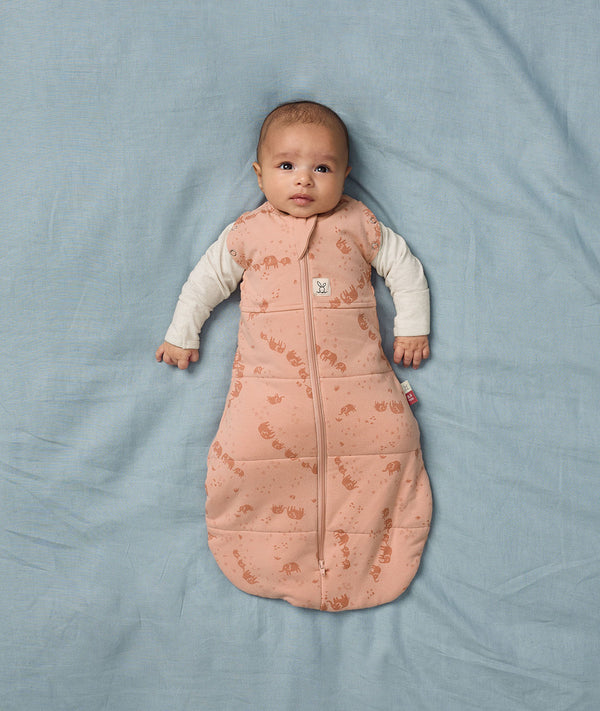 Newborn lying cozy in the winter ergoPouch Cocoon Swaddle Sack 3.5 TOG Elephant Parade, a swaddle converted to a sleeping sack