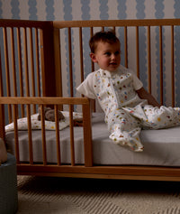 Child sitting in a wooden crib with Organic Toddler Pillow and Case Daydream, wearing a Sleep Suit Sack 1.0 TOG Daydream.