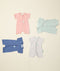 Flatlay of ergoPouch Short Sleeve Romper 0.2 TOG Berries Night Sky, Grey Marle and Sage, ideal for the summer