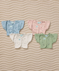 A group product shot featuring the Heritage ergoPouch collection for the ergoPouch Butterfly Cardi Dragonflies Dragonflies, Oatmeal Marle, Willow