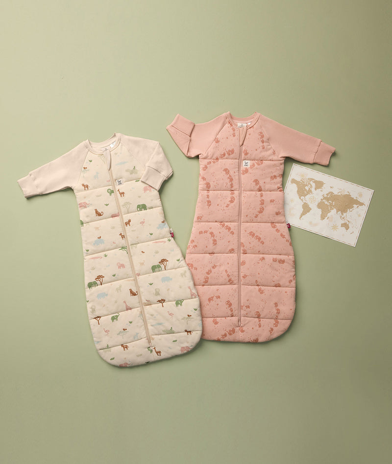 Flat lay of ergoPouch Sleep Sack with Sleeves in Savannah and Elephant Parade colorways
