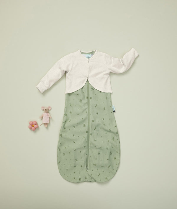 ergoPouch Arm Warmers Oatmeal Marle on top of Cocoon Swaddle Sack Willow