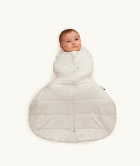 Newborn swaddled in ergoPouch Hip Harness Cocoon Swaddle Sack 2.5 TOG Oatmeal Marle