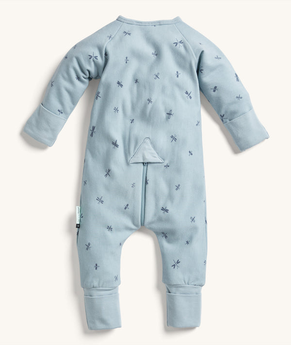 Back view of the ergoPouch Long Sleeve Romper in Dragonflies, featuring hand and foot cuffs and a 3-way zip.