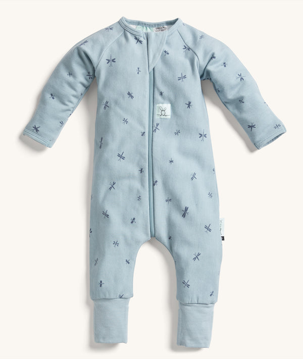 Product shot of ergoPouch Long Sleeve Romper Dragonflies, featuring a front zipper and a slim fit design.