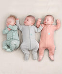 Three newborns asleep in comfy ergoPouch Long Sleeve Romper 0.2 TOG in  Grey Marle, Sage, and Berries