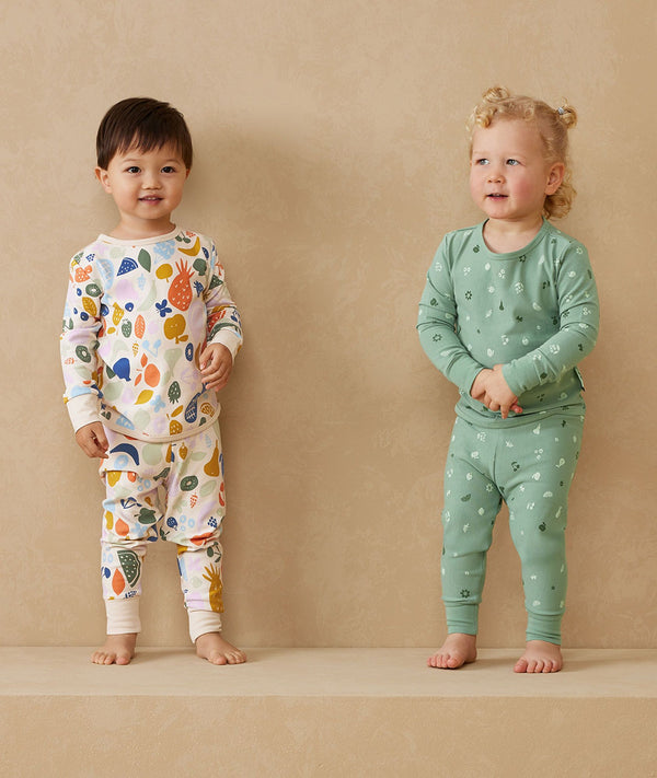 Kids standing in long-sleeve-pyjamas-1-0-tog-fruit-salad and  Sweet Orchard