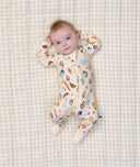 Baby lying on it's back wearing ergoPouch Long Sleeve Romper 1.0 TOG in Bon Appetit