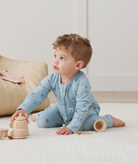 Infant sitting wearing ergoPouch Long Sleeve Romper 1.0 TOG Dragonflies