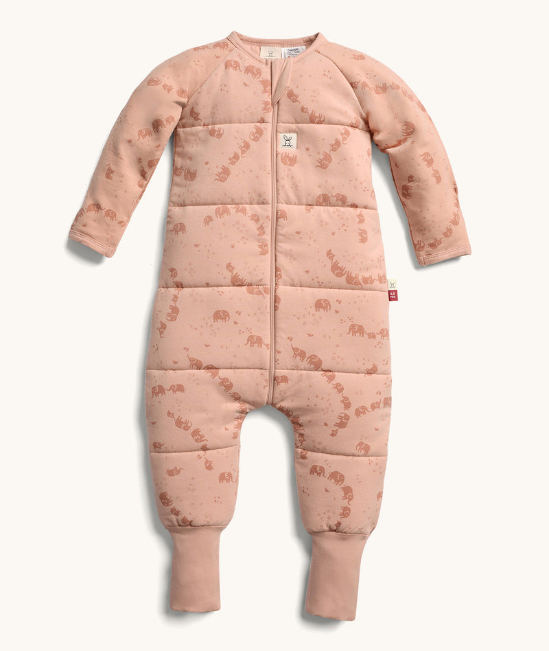 Product shot of ergoPouch Sleep Onesie 3.5 TOG Elephant Parade featuring a front zipper and a cozy, padded design.