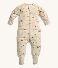 Product shot of ergoPouch 3.5 TOG Sleep Onesie in Savannah print, featuring a front zipper and a cozy, padded design.
