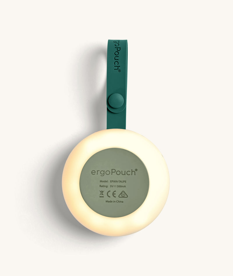 Back view of the portable white noise machine, shown with a glowing light and displays model details and certification symbols.