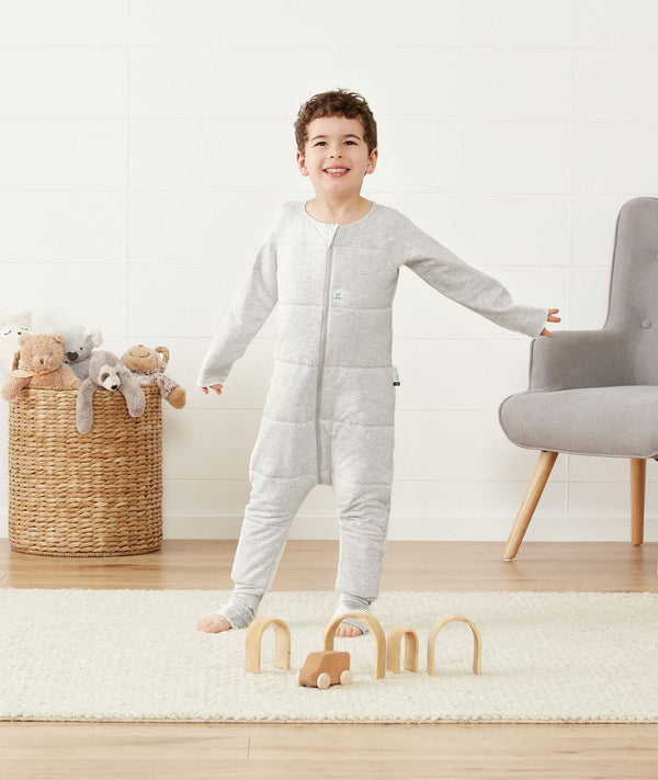 Preschooler wearing an ergoPouch Sleep Onesie 3.5 TOG Grey Marle