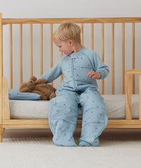 Toddler sitting on a crib resting their teddy on ergoPouch Organic Toddler Pillow Case in Dragonflies