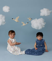 Two children sitting wearing an ergoPouch Sleep Sack 1.0 TOG Daydream and Starbeam, on a blue background with clouds and birds.