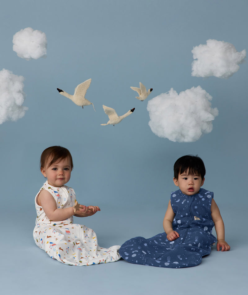 Two children sitting wearing an ergoPouch Sleep Sack 1.0 TOG Daydream and Starbeam, on a blue background with clouds and birds.