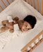 Toddler lying in a wooden crib on a cream patterned Organic Toddler Pillow while hugging a stuffed teddy bear.