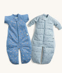 Flatlay of ergoPouch Spring Sleep Suit Sack 1.0 TOG Petit Pretzel and 2.5 TOG Dragonflies, the ideal bundle for spring