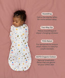 Benefits of a cocoon swaddle mimicing the wound, featuring a ergoPouch Cocoon Swaddle Sack 1.0 TOG Daydream