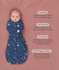 Benefits of a cocoon swaddle to mimic the wound, featuring an ergoPouch Cocoon Swaddle Sack 1.0 TOG Starbeam