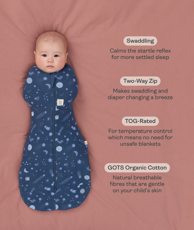 Benefits of a cocoon swaddle to mimic the wound, featuring an ergoPouch Cocoon Swaddle Sack 1.0 TOG Starbeam