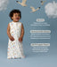Infant wearing a ergoPouch Sleep Sack 1.0 TOG Daydream with text about its features on a blue background with swans and clouds.