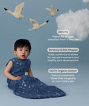 Infant wearing a ergoPouch Sleep Sack 1.0 TOG Starbeam with text about its features on a blue background with swans and clouds.