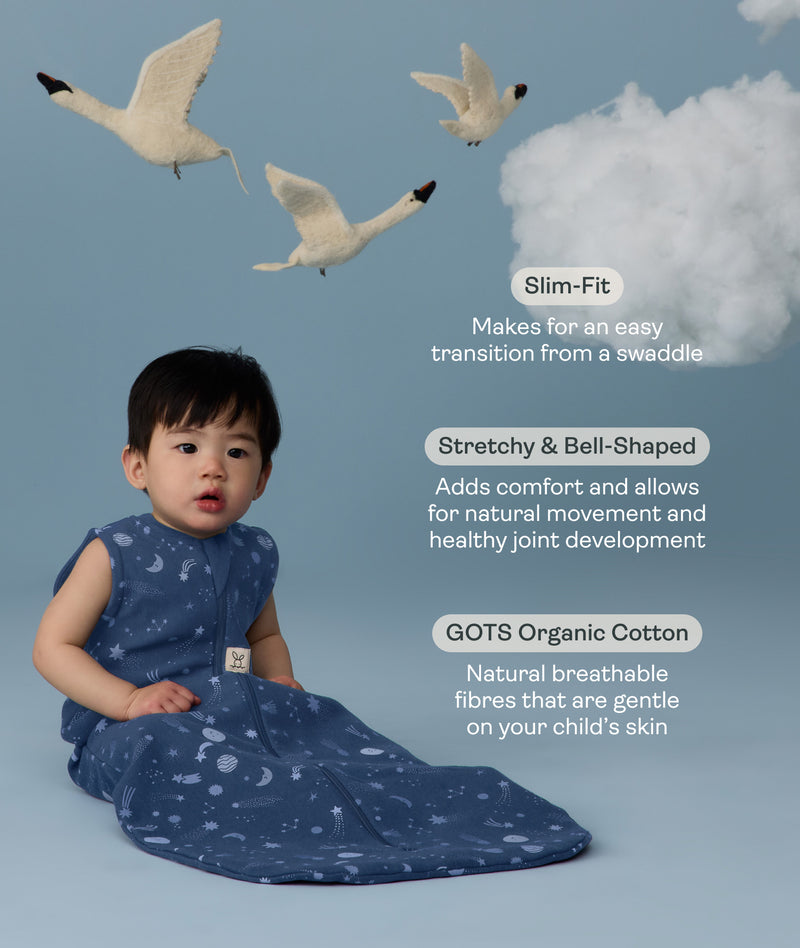 Infant wearing a ergoPouch Sleep Sack 1.0 TOG Starbeam with text about its features on a blue background with swans and clouds.