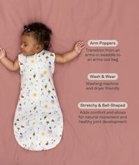 Benefits of a cocoon swaddle transitioning to arms out sleeping, featuring an ergoPouch Cocoon Swaddle Sack 1.0 TOG Daydream